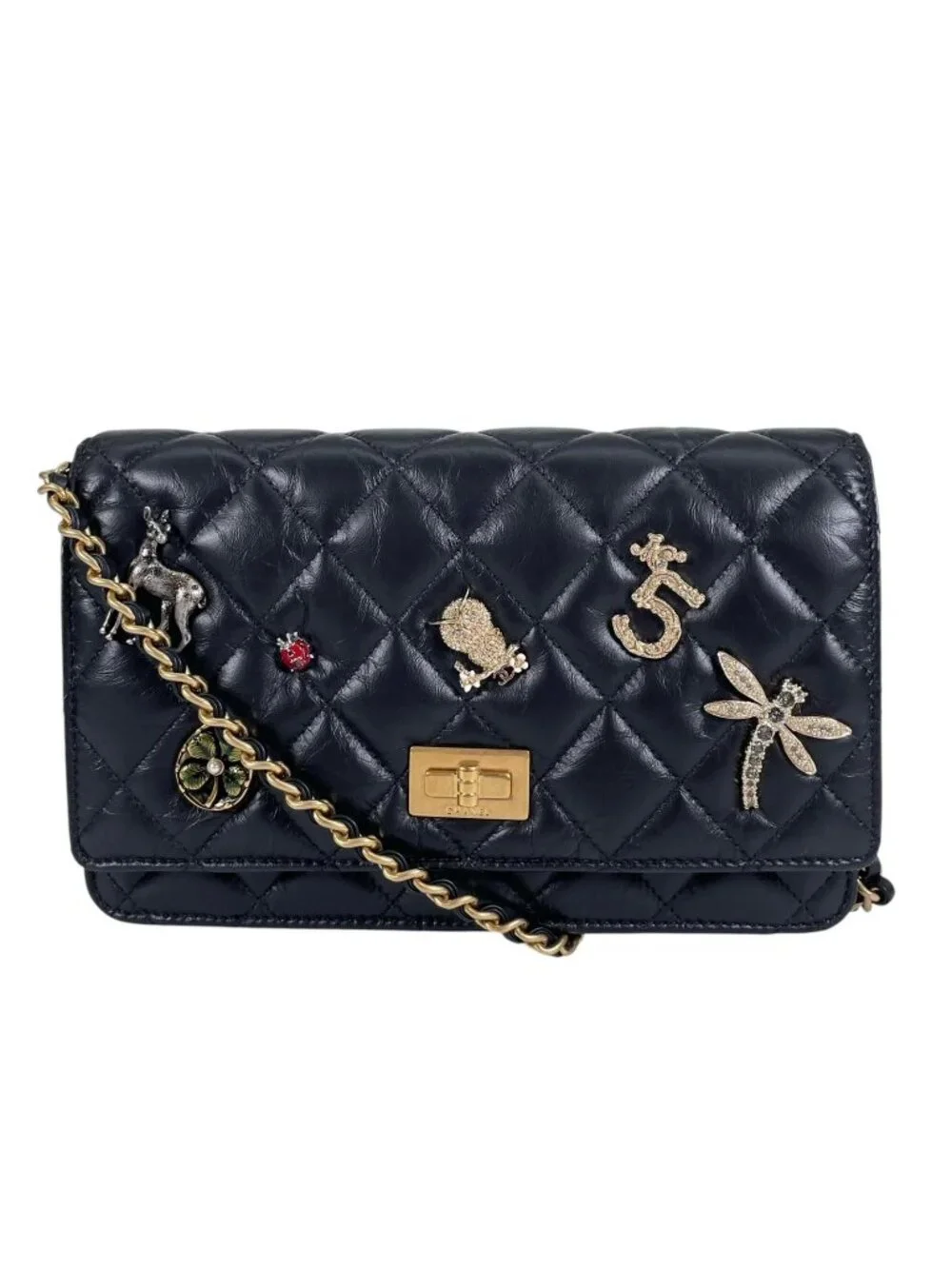 Chanel 2.55 Quilted Icon Charm Embroidery Chain Wallet Shoulder Bag Calfskin